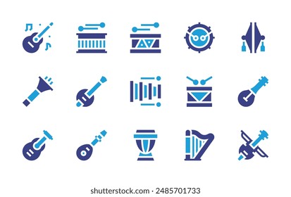 Instruments icon set. Duotone color. Vector illustration. Containing drum, vuvuzela, lute, banjo, xylophone, violin, guitar, djembe, biwa, cymbals, harp.