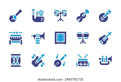 Instruments icon set. Duotone color. Vector illustration. Containing guitar, drum, trumpet, domra, banjo, fiddle, conga, dholak, cajon, bagpipes.