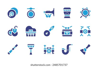 Instruments icon set. Duotone color. Vector illustration. Containing grandpiano, didgeridoo, trumpet, drum, lute, djembe, chinchinero, saxophone, castanets, cymbals.