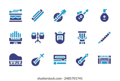 Conjunto de iconos de Instrumentos. Color duotono. Ilustración vectorial. Contiene armónica, flauta, laúd, biwa, lira, bloque de madera, banjo, guitarra, ukelele, batería, conga.