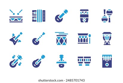 Instruments icon set. Duotone color. Vector illustration. Containing guitar, drum, accordion, sitar, violin, banjo, kalimba, rockandroll, maracas.