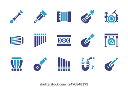 Instruments icon set. Duotone color. Vector illustration. Containing accordion, drum, zampona, guitar, panpipe, ukelele, sitar, gralla, gong, saxophone, drumset.