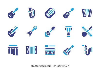 Instruments icon set. Duotone color. Vector illustration. Containing accordion, erhu, saxophone, guitar, africandrum, electricguitar, ektara, lyre, drums, tuba.