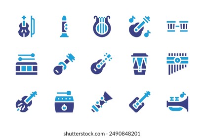 Instruments icon set. Duotone color. Vector illustration. Containing bongos, tar, violin, oboe, guitar, clarinet, drum, guembri, zampona, ukulele, lyre, drums, trumpet.