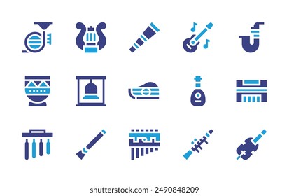 Instruments icon set. Duotone color. Vector illustration. Containing chimes, lyre, zither, panflute, bell, didgeridoo, frenchhorn, kettledrum, clarinet, lute, guitar.