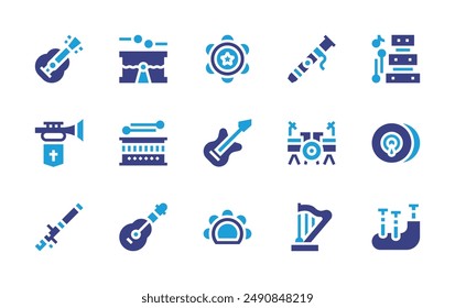 Instruments icon set. Duotone color. Vector illustration. Containing cymbals, bassoon, tambourine, guitar, electricguitar, trumpet, drumset, drum, xylophone.