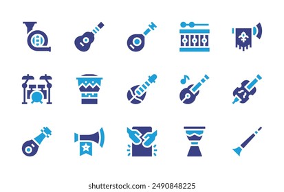 Instruments icon set. Duotone color. Vector illustration. Containing cajon, vuvuzela, drum, bongo, drumset, frenchhorn, kora, drums, guitar, lute, bouzouki.