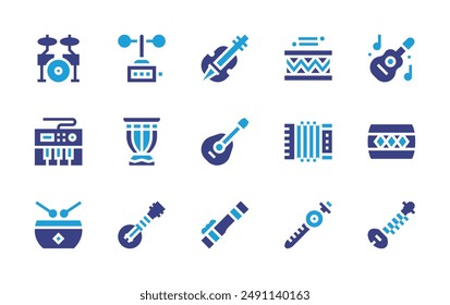 Instruments icon set. Duotone color. Vector illustration. Containing drum, anemometer, accordion, cane, flute, violin, ukelele, drumset, banjo, electricpiano.