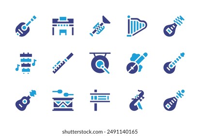 Instruments icon set. Duotone color. Vector illustration. Containing drum, guitar, mandolin, harp, piano, ektara, saxophone, matraca, xylophone, gong, piccolo, trumpet.