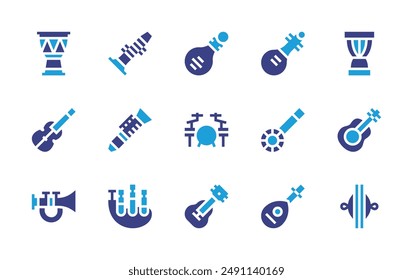 Instruments icon set. Duotone color. Vector illustration. Containing cymbals, guitar, clarinet, lute, banjo, bagpipes, flute, pipa, djembe, drumset.