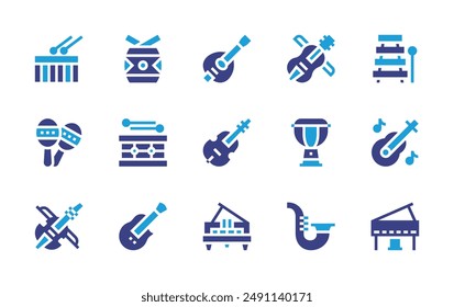 Instruments icon set. Duotone color. Vector illustration. Containing doublebass, guitar, mandolin, drum, drums, maracas, xylophone, bongo, fiddle.