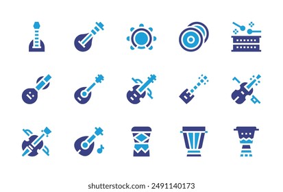 Instruments icon set. Duotone color. Vector illustration. Containing drum, guitar, tambourine, cymbal, djembe, violin, shamisen, biwa, africandrum, mandolin.