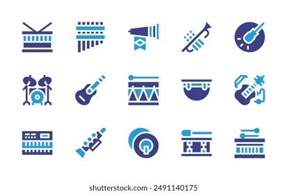 Instruments icon set. Duotone color. Vector illustration. Containing drum, drumset, flute, guitar, vuvuzela, oboe, synthesizer, cymbals, drums, timpani, trumpet.