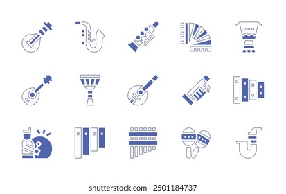 Instruments icon set. Duotone style line stroke and bold. Vector illustration. Containing xylophone, mandolin, accordion, panpipe, flute, bassoon, maracas, oboe, saxophone, djembe, africandrum.