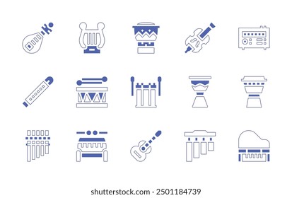 Conjunto de iconos de Instrumentos. Estilo duotono trazo de línea y negrita. Ilustración vectorial. Contiene espectrómetro, concierto, campanillas, lira, bongo, djembe, batería, tambor, guitarra, violonchelo, zampona, pipa, flauta.