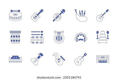 Instruments icon set. Duotone style line stroke and bold. Vector illustration. Containing violin, tambourine, bagpipe, bodhran, dagu, balalaika, drum, saxophone, guembri, harmonica, lyre, banjo.