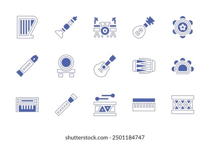 Instruments icon set. Duotone style line stroke and bold. Vector illustration. Containing tambourine, mridangam, drum, keyboard, lute, flute, drumset, taiko, ukelele, sopila.