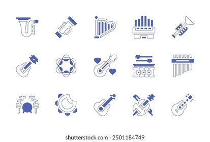 Conjunto de iconos de Instrumentos. Estilo duotono trazo de línea y negrita. Ilustración vectorial. Contiene órgano, saxofón, tambor, violín, arpa, guitarra, batería, trompeta, pandereta, zampona.