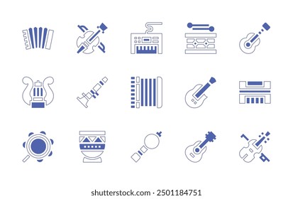 Instruments icon set. Duotone style line stroke and bold. Vector illustration. Containing piano, accordion, bladderpipe, drums, ukelele, electricguitar, guitar, harmonica, violin.