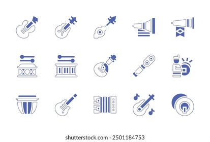 Instruments icon set. Duotone style line stroke and bold. Vector illustration. Containing lute, guitar, electricguitar, accordion, drum, domra, drummer, ophthalmoscope, vuvuzela, violin.