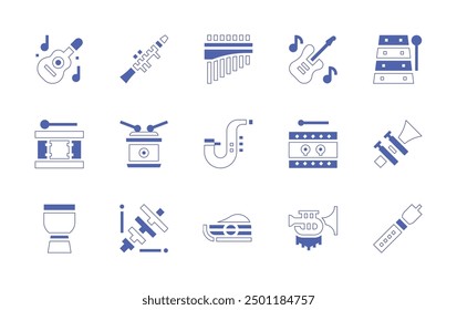 Instruments icon set. Duotone style line stroke and bold. Vector illustration. Containing trumpet, electricguitar, drum, xylophone, zither, flute, saxophone, clarinet, gaita.