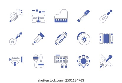 Instruments icon set. Duotone style line stroke and bold. Vector illustration. Containing piano, musicalinstrument, flute, cymbals, accordion, acousticguitar, tambourine, harmonica, violin.