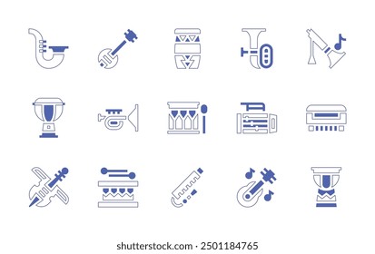 Instruments icon set. Duotone style line stroke and bold. Vector illustration. Containing instrument, guitar, tuba, violin, drum, saxophone, banjo, flute, bongo, trumpet.