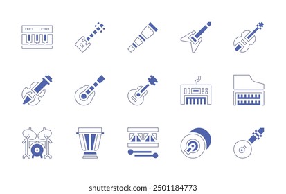 Instruments icon set. Duotone style line stroke and bold. Vector illustration. Containing pianokeyboard, electricguitar, harpsichord, violin, guitar, shamisen, lute, drum, djembe, didgeridoo, cymbals.