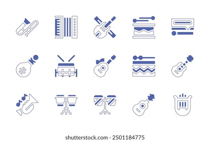 Instruments icon set. Duotone style line stroke and bold. Vector illustration. Containing trombone, drum, guitar, trumpet, violin, accordion, lyre, woodblock, pipa, ukelele, conga.