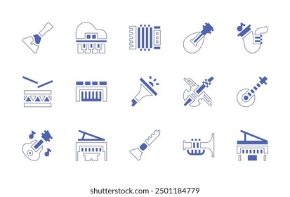 Instruments icon set. Duotone style line stroke and bold. Vector illustration. Containing mandolin, trumpet, grandpiano, accordion, piano, sitar, violin, flute, saxophone.