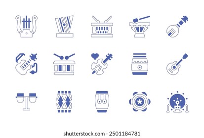 Instruments icon set. Duotone style line stroke and bold. Vector illustration. Containing tambourine, lyre, electric, conga, drum, dagu, kankles, violin, sitar, ukulele.