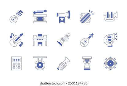 Instruments icon set. Duotone style line stroke and bold. Vector illustration. Containing trumpet, clarinet, lute, drum, vuvuzela, jarocho, trumpetplayer, cymbals, djembe, piano, gong.