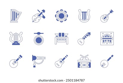 Instruments icon set. Duotone style line stroke and bold. Vector illustration. Containing piano, drum, tambourine, lyre, violin, banjo, trumpet, guitar, marimbol, sitar, chinchinero, biwa.