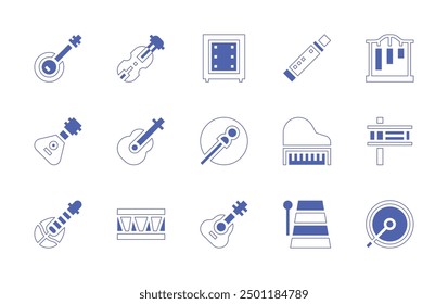 Instruments icon set. Duotone style line stroke and bold. Vector illustration. Containing xylophone, guitar, grandpiano, balalaika, guan, banjo, drum, fiddle, bouzouki, cajon.