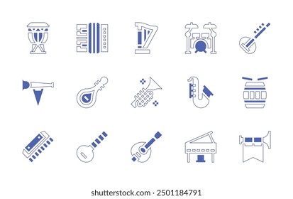 Conjunto de iconos de Instrumentos. Estilo duotono trazo de línea y negrita. Ilustración vectorial. Contiene piano, mandolina, banjo, armónica, trompeta, batería, arpa, saxofón, acordeón, tambor, pipa.