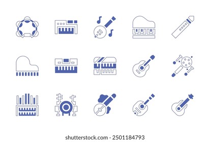 Instruments icon set. Duotone style line stroke and bold. Vector illustration. Containing piano, organ, ukelele, grandpiano, mandolin, drums, guitar, flute, banjo, ektara, tambourine, taiko.