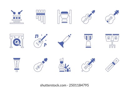 Instruments icon set. Duotone style line stroke and bold. Vector illustration. Containing violin, panflute, guitar, flute, djembe, drumplayer, suona, drum, gong, rhaita, conga.