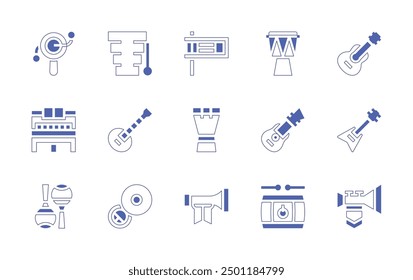 Instruments icon set. Duotone style line stroke and bold. Vector illustration. Containing piano, drum, trumpet, xylophone, guitar, matraca, djembe, sitar, dendendaiko, sousaphone, maracas.