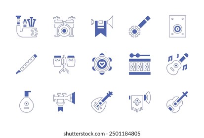 Instruments icon set. Duotone style line stroke and bold. Vector illustration. Containing tambourine, trumpet, flute, oud, lute, banjo, drumset, drum, horn, vuvuzela, conga, bagpipes.