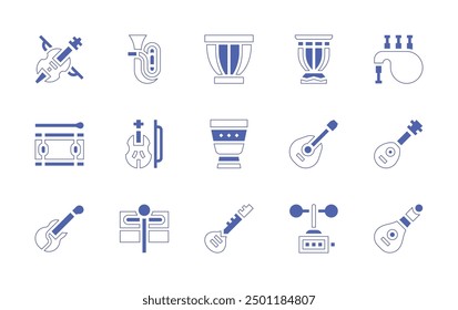 Instruments icon set. Duotone style line stroke and bold. Vector illustration. Containing timpani, anemometer, sitar, drum, ukelele, violin, drums, tuba, woodblock, bassguitar.