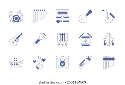 Instruments icon set. Duotone style line stroke and bold. Vector illustration. Containing saxophone, woodblock, apollo, panpipe, banjo, zampona, dagu, vuvuzela, gong, transverse, violin, cymbals.