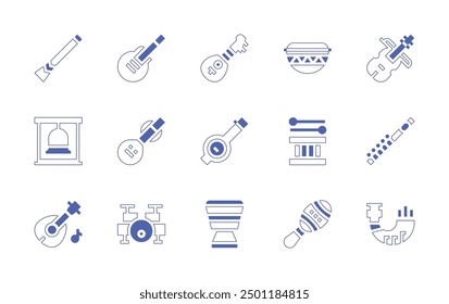 Instruments icon set. Duotone style line stroke and bold. Vector illustration. Containing rockandroll, bouzouki, africandrum, djembe, drum, guitar, maracas, ektara, veena, drumset, bell, didgeridoo.