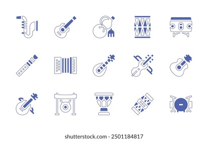 Instruments icon set. Duotone style line stroke and bold. Vector illustration. Containing instrument, dholak, drum, accordion, fiddle, mandolin, saxophone, guitar, gong, violin, quena.