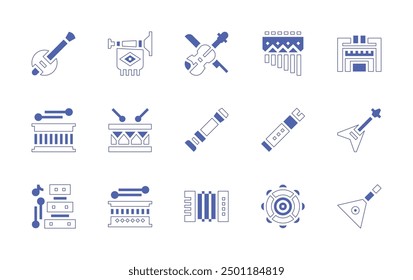 Instruments icon set. Duotone style line stroke and bold. Vector illustration. Containing piano, flute, accordion, electricguitar, balalaika, zampona, drum, tambourine, violin, vuvuzela.