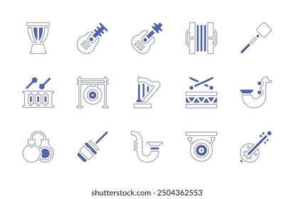 Conjunto de iconos de Instrumentos. Estilo duotono trazo de línea y negrita. Ilustración vectorial. Contiene arpa, tambor, concertina, castañuelas, saxofón, zambomba, chino, gong, djembe, guitarra, mazo.