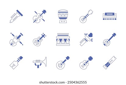 Instruments icon set. Duotone style line stroke and bold. Vector illustration. Containing guitar, drum, oud, flute, violin, bouzouki, trumpet, clarinet, banjo, harmonica, kabosy, suka.