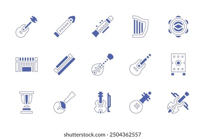 Conjunto de iconos de Instrumentos. Estilo duotono trazo de línea y negrita. Ilustración vectorial. Contiene armónica, clarinete, mandolina, arpa, guitarra, pipa, guitarra acústica, flauta, violín, doma, djembe.