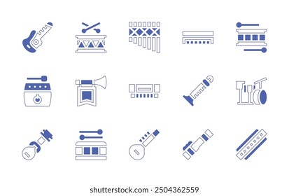 Instruments icon set. Duotone style line stroke and bold. Vector illustration. Containing harmonica, drum, guitar, panflute, tar, cane, sitar, flute, drumset, fanfare, drums.