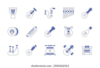 Instruments icon set. Duotone style line stroke and bold. Vector illustration. Containing guitar, cymbals, saxophone, banjo, panpipe, lyre, djembe, drum, sitar, bagpipes, harmonica.