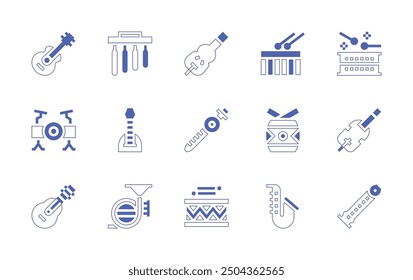 Instruments icon set. Duotone style line stroke and bold. Vector illustration. Containing flute, saxophone, drum, chimes, violin, guitar, balalaika, frenchhorn.